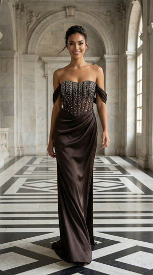 AGAETE Kahverengi Abiye Elbise