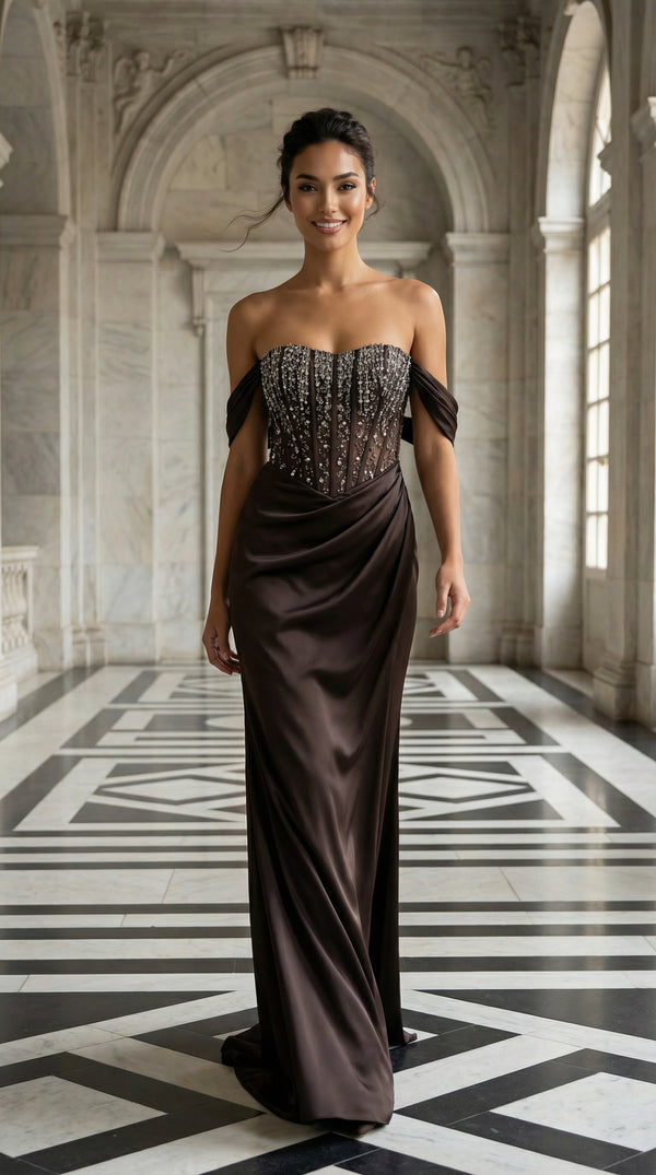 AGAETE Kahverengi Abiye Elbise