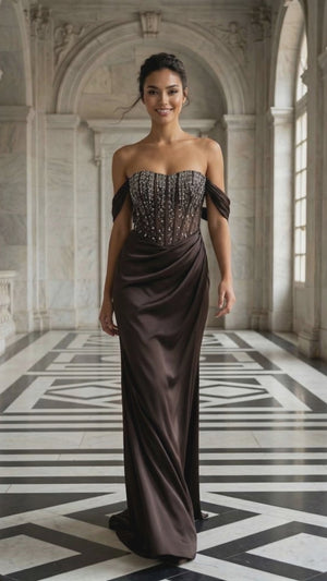 AGAETE Kahverengi Abiye Elbise